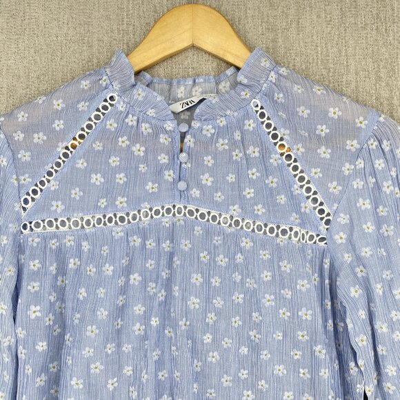 Zara Top Womens Small Blue Floral Blouse Ruffle Cuff Neck Blouse Cut‎ Out - Picture 5 of 11